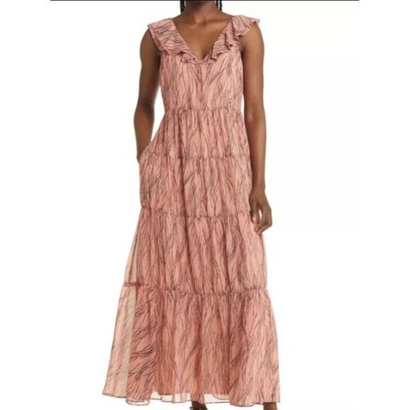 Chelsea28 Dresses & Skirts - Chelsea28 Pink Ruffle V Neck Back Tiered Ruffle Womens Maxi Dress Pockets Large